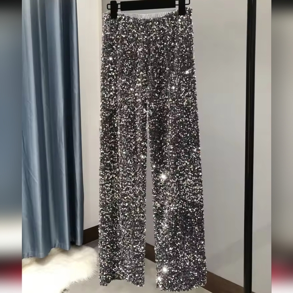 Women's Fashion Trendy Sparkling Gold Pants Relaxation of Tall Waist Wide-legged - Picture 3 of 6